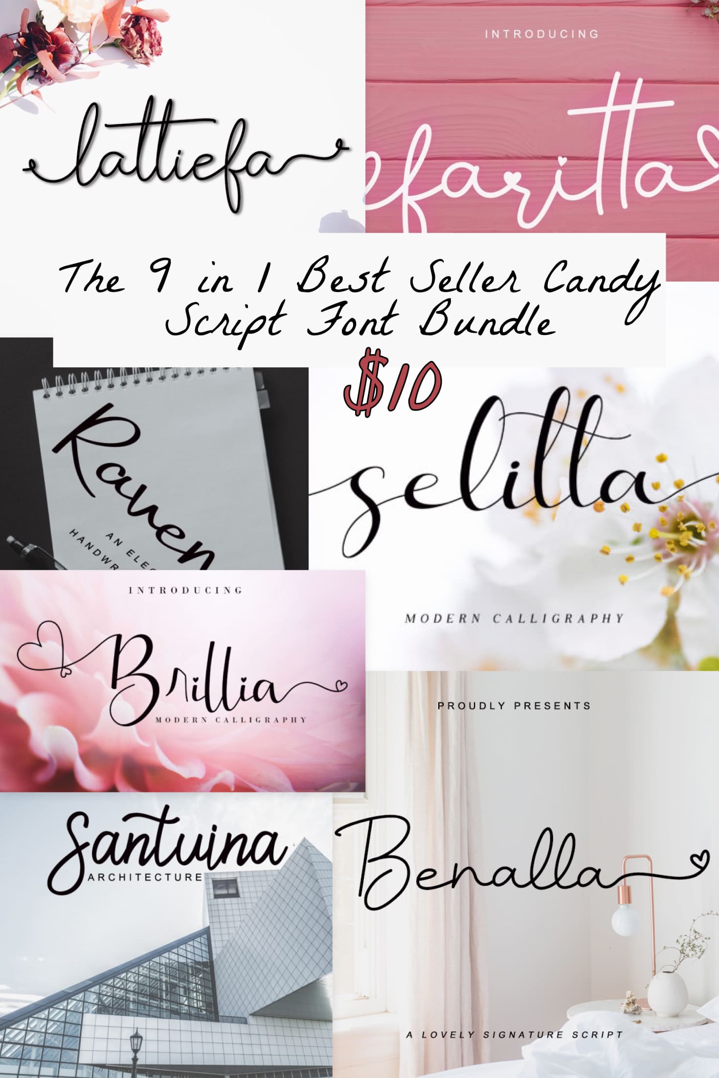 Pinterest Image: The 9 in 1 Best Seller Candy Script Font Bundle.