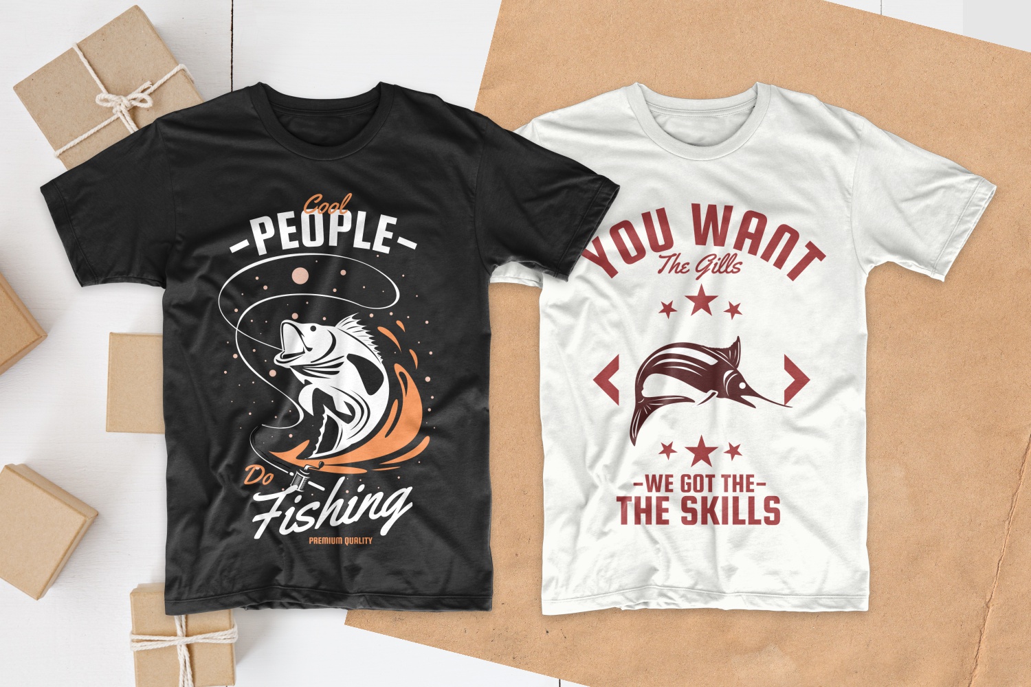 Black and white T-shirts with motivational phrases about fishing.