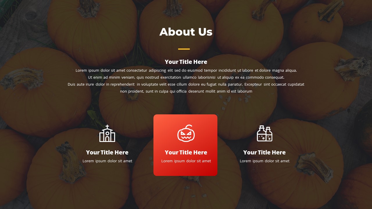 A colorful slide with a background of pumpkins and three text boxes that turn red on hover.