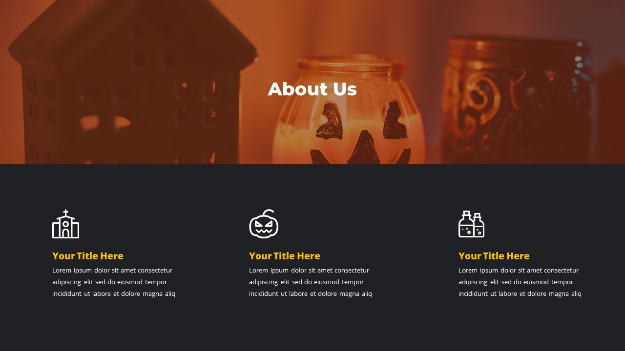 The slide is created from the attributes of Halloween: a pumpkin background and a black text box with small pumpkins speak of the holidays.