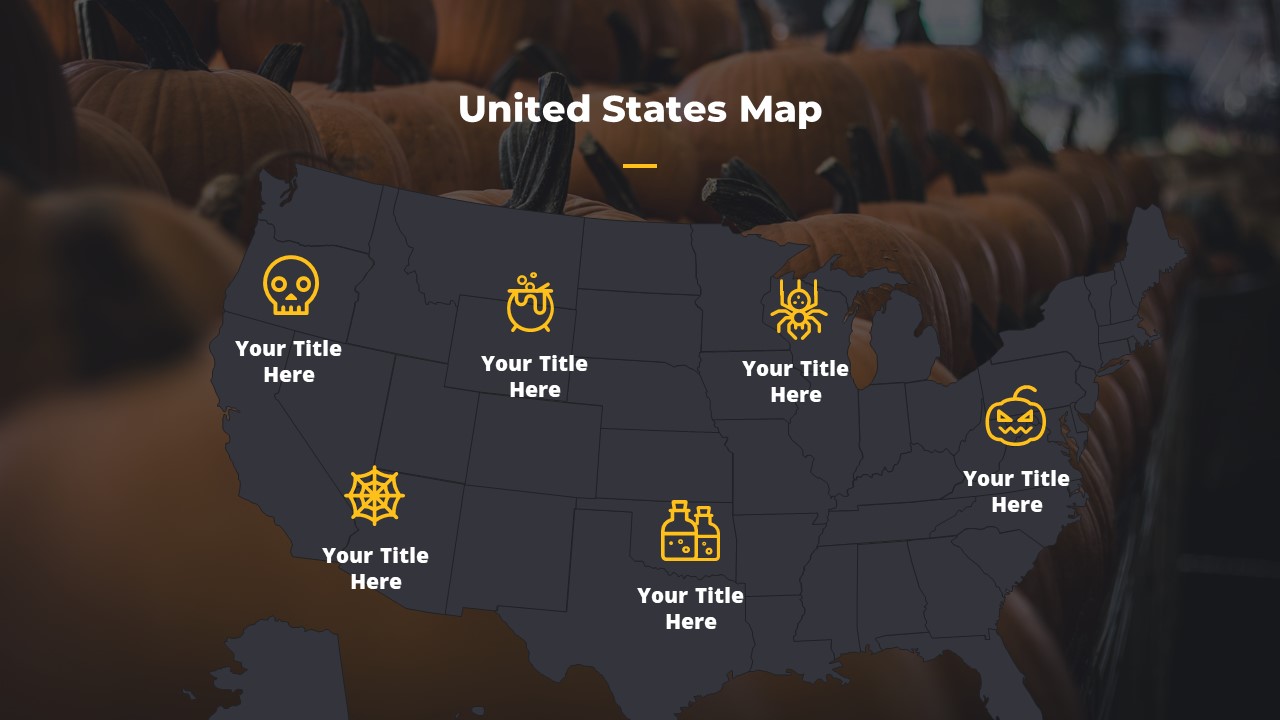 Map of the USA with the marked states in the form of pumpkins.