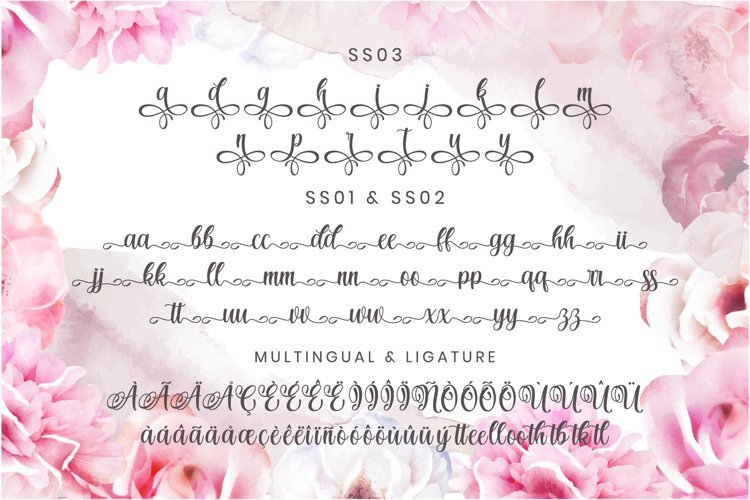 On a pink background with peonies, there is a general view of the font in different formats.