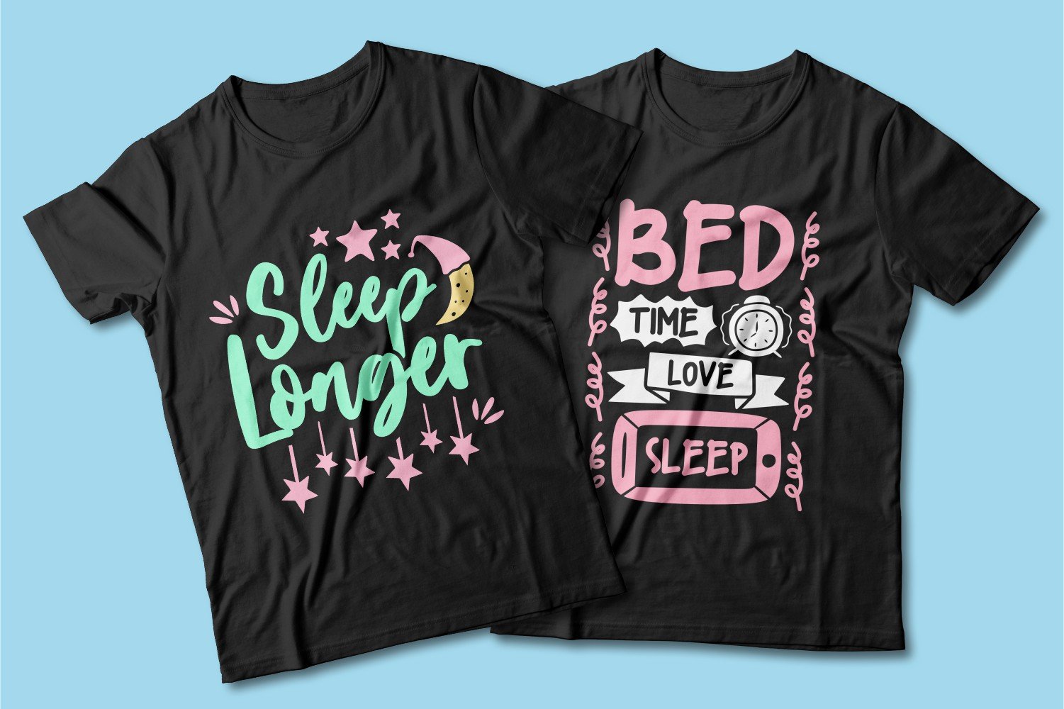 Two black T-shirts with a crew neck and a graphic lettering.