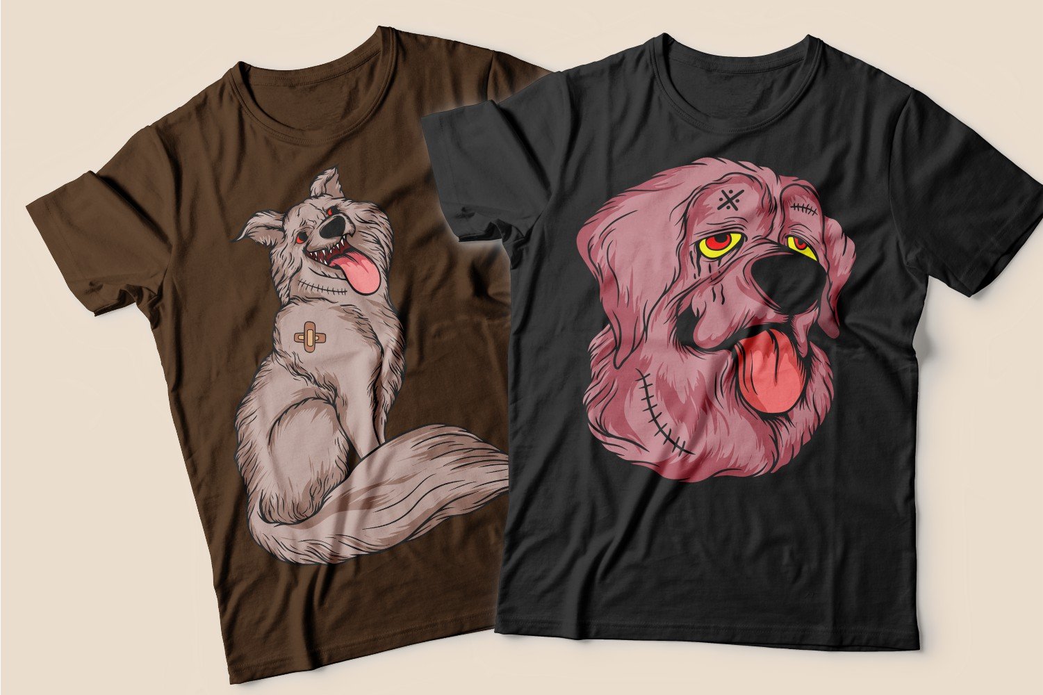 Two T-shirts: one brown with a battered but happy dog, the other black with a pink battered and tired dog.