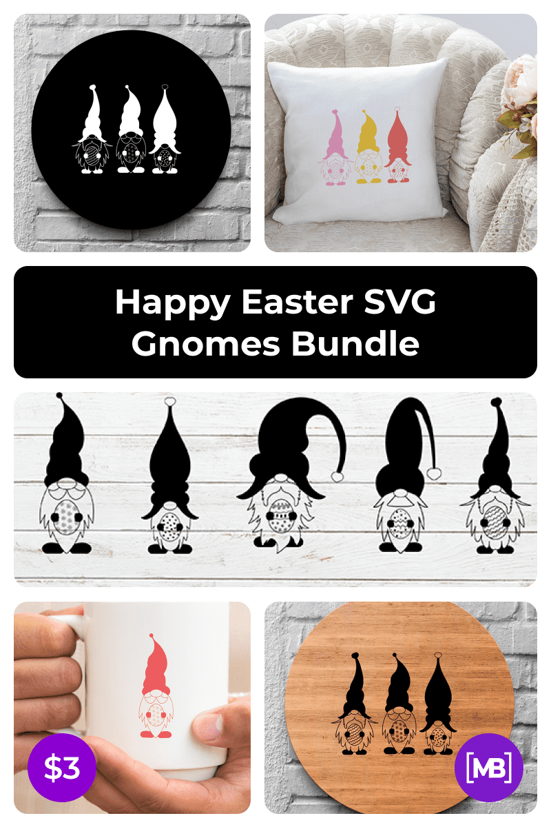 Happy Easter SVG Gnomes Bundle. Collage Image.