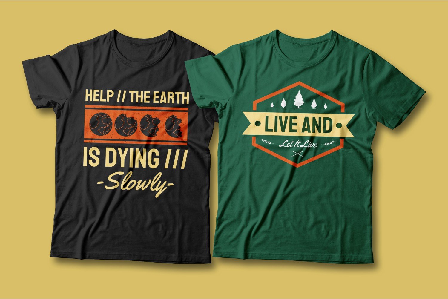 Two T-shirts - one black, the other green; both call for the preservation and protection of the environment.