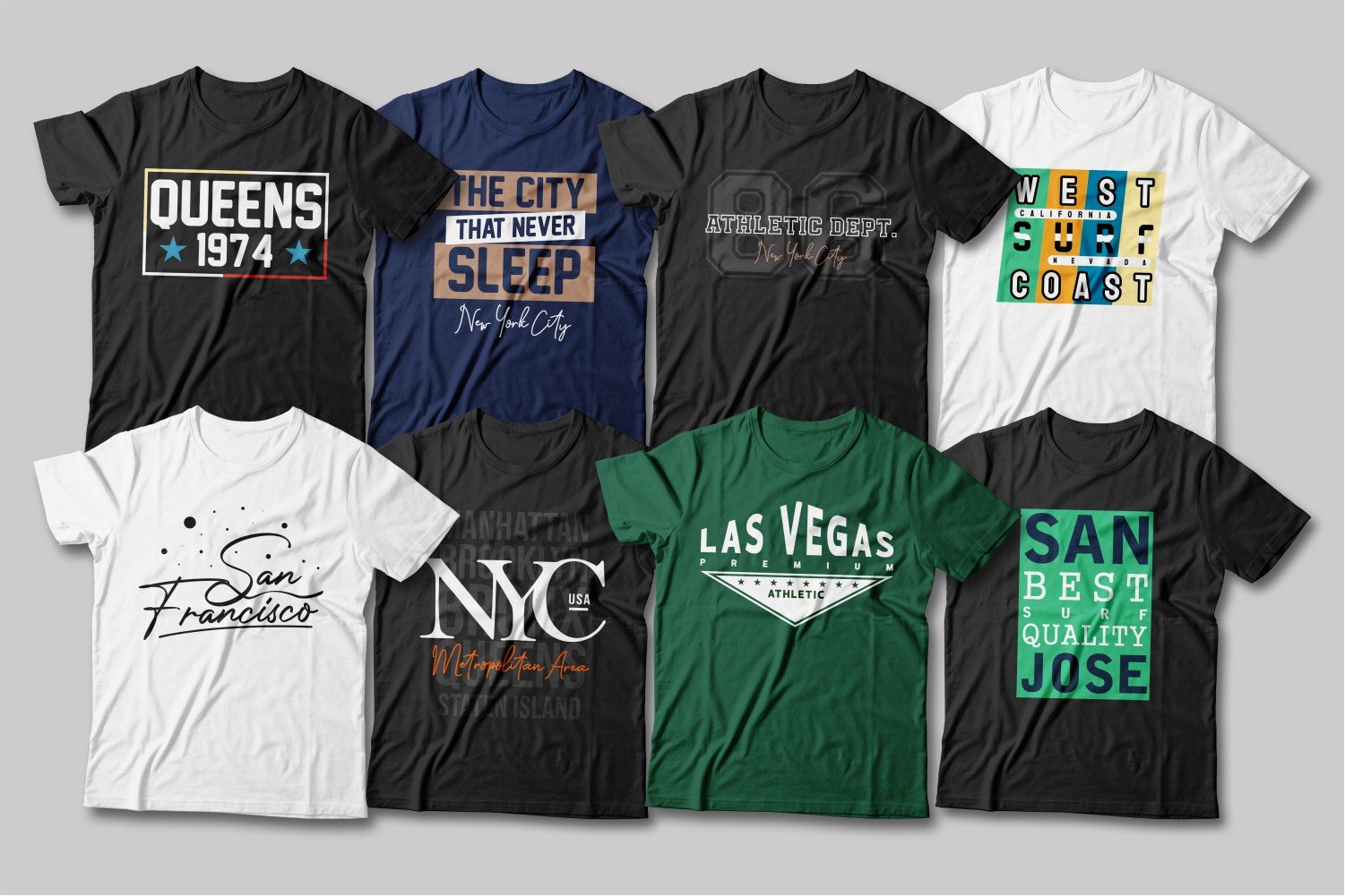 Different T-shirts with different logos and inscriptions.