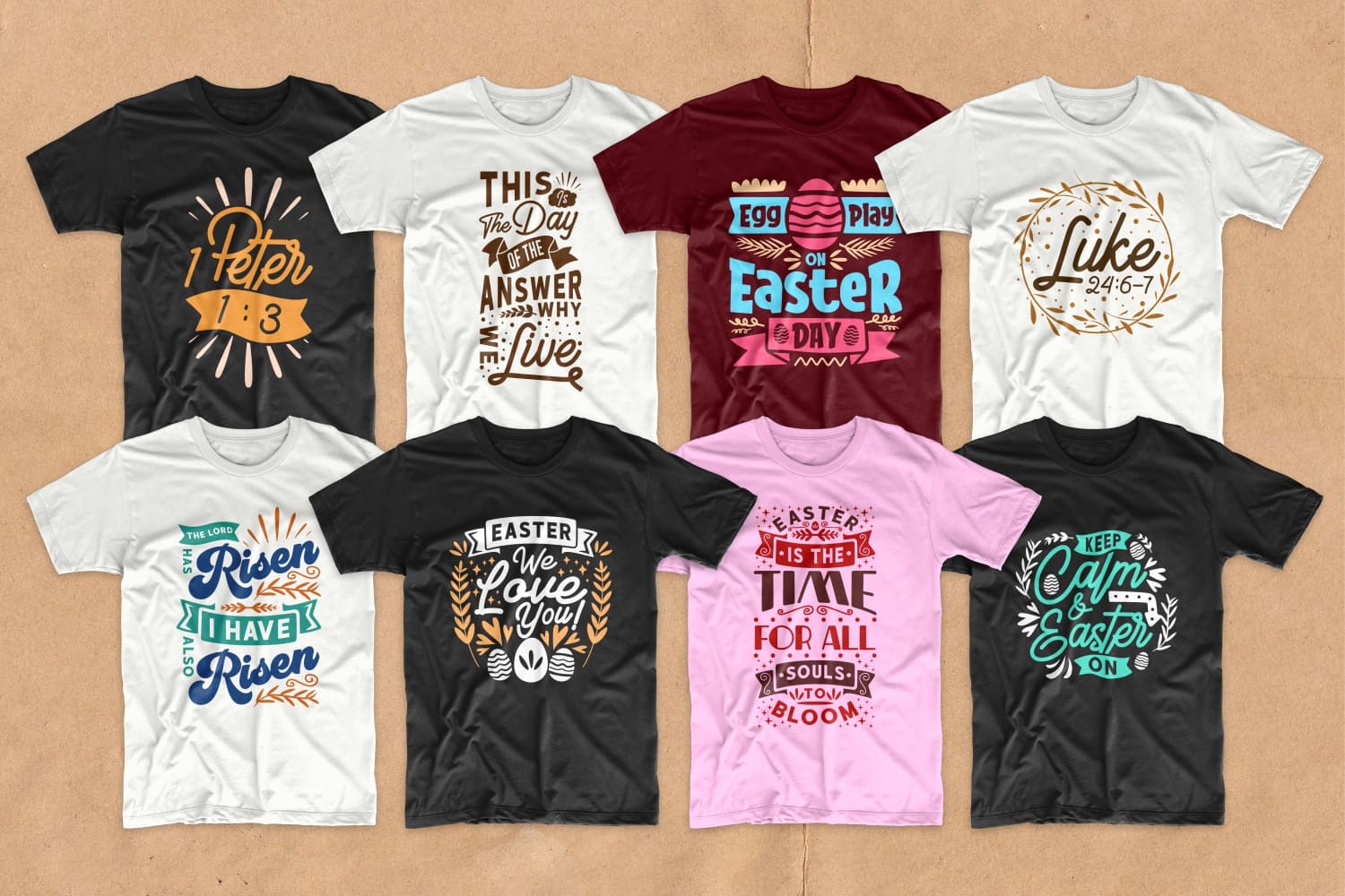 A variety of Easter-themed T-shirts.