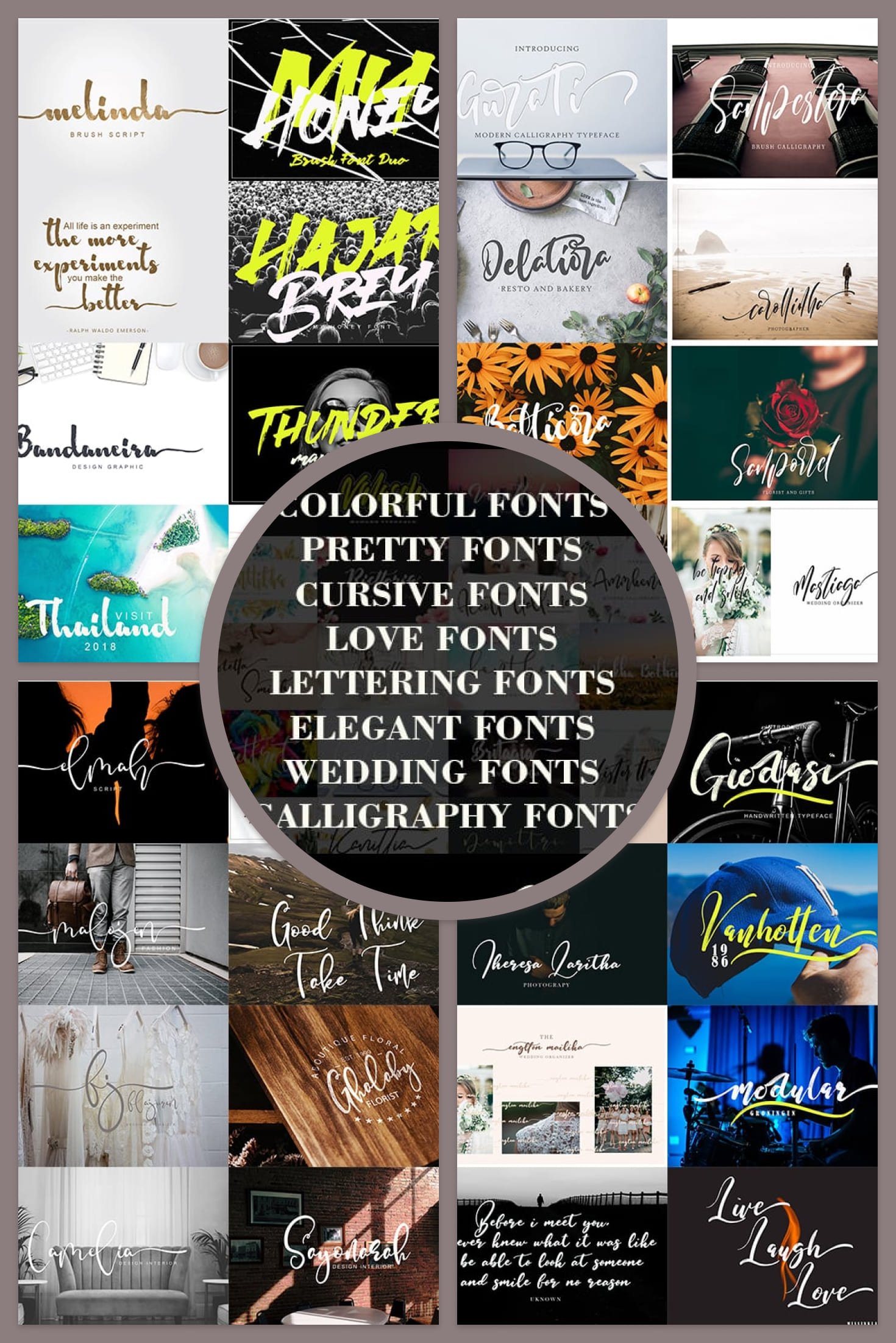 Stylish Calligraphy Fonts - 156 Fonts of 62 Typefaces. Collage Image.