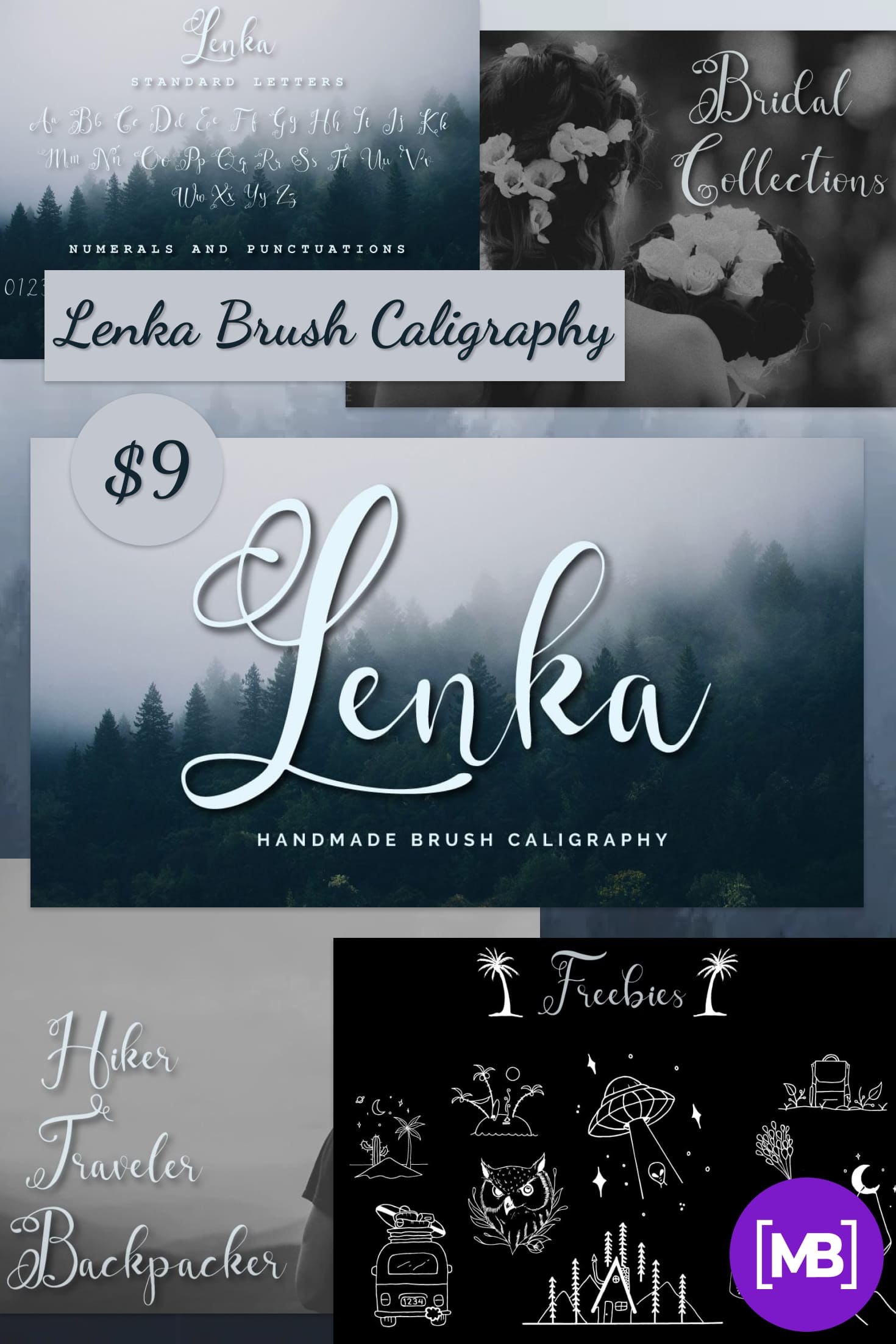 Lenka Brush Caligraphy + Bonus - $9. Collage Image.