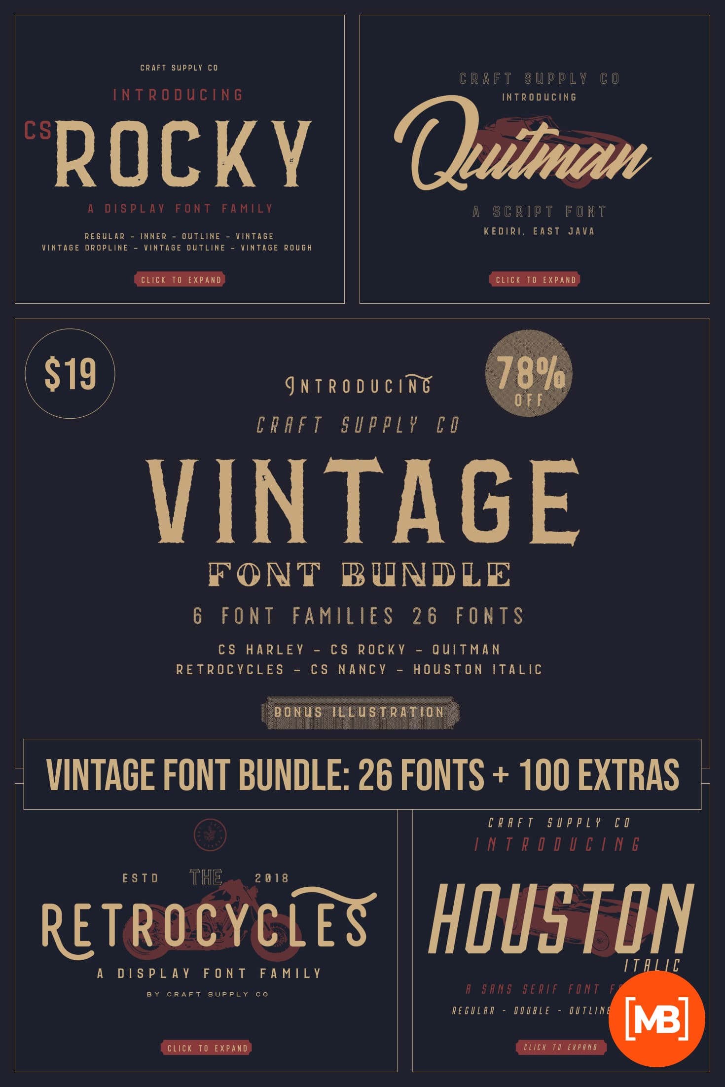 Vintage Font Bundle: 26 fonts + 100 extras - just $19. Collage Image.