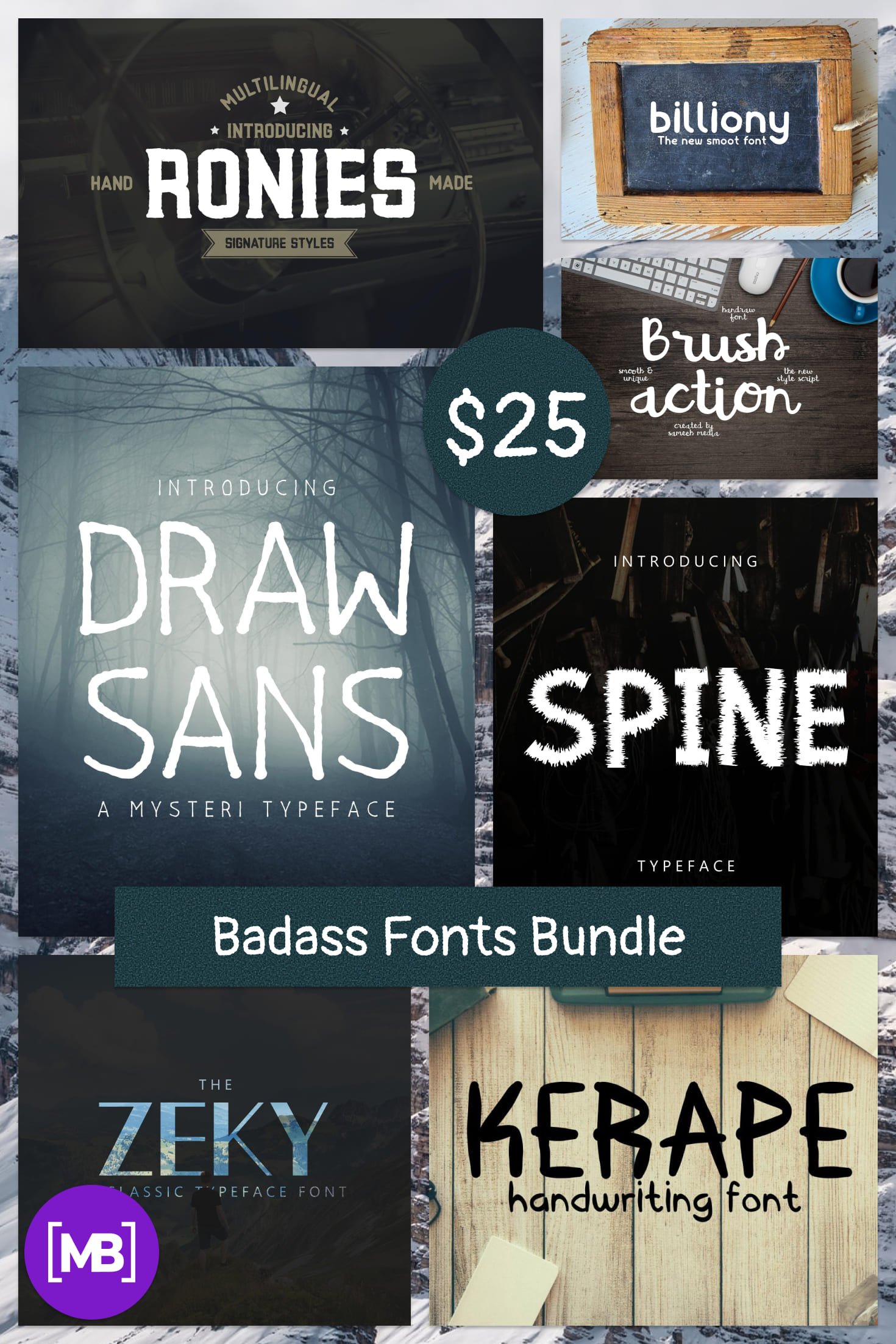 Badass Fonts Bundle - Script, Display, Sans-serif, Monogram - Just $25!. Collage Image for pinterest.