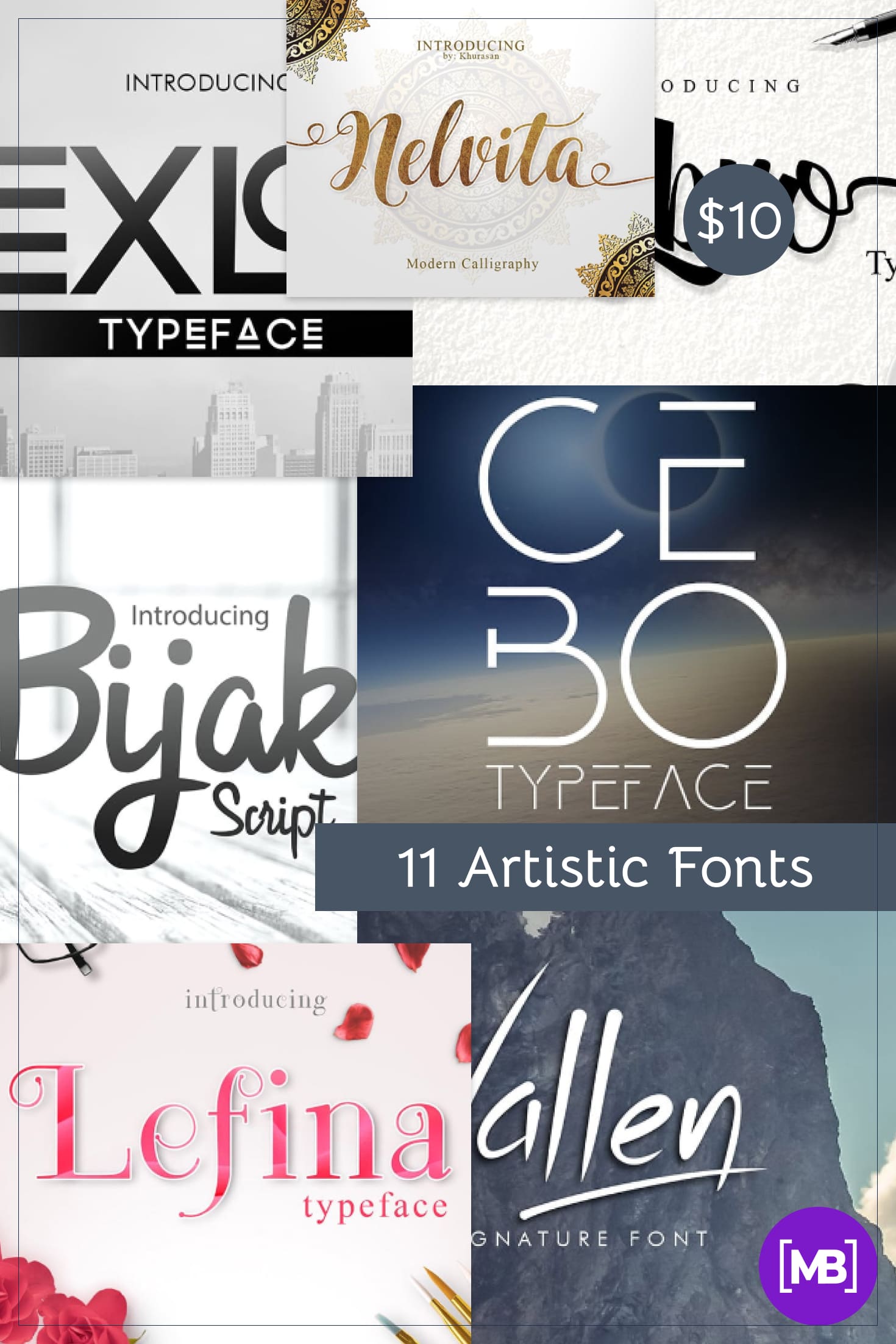 11 Artistic Fonts - Premium Quality Collection. Only $10. Collage Image.