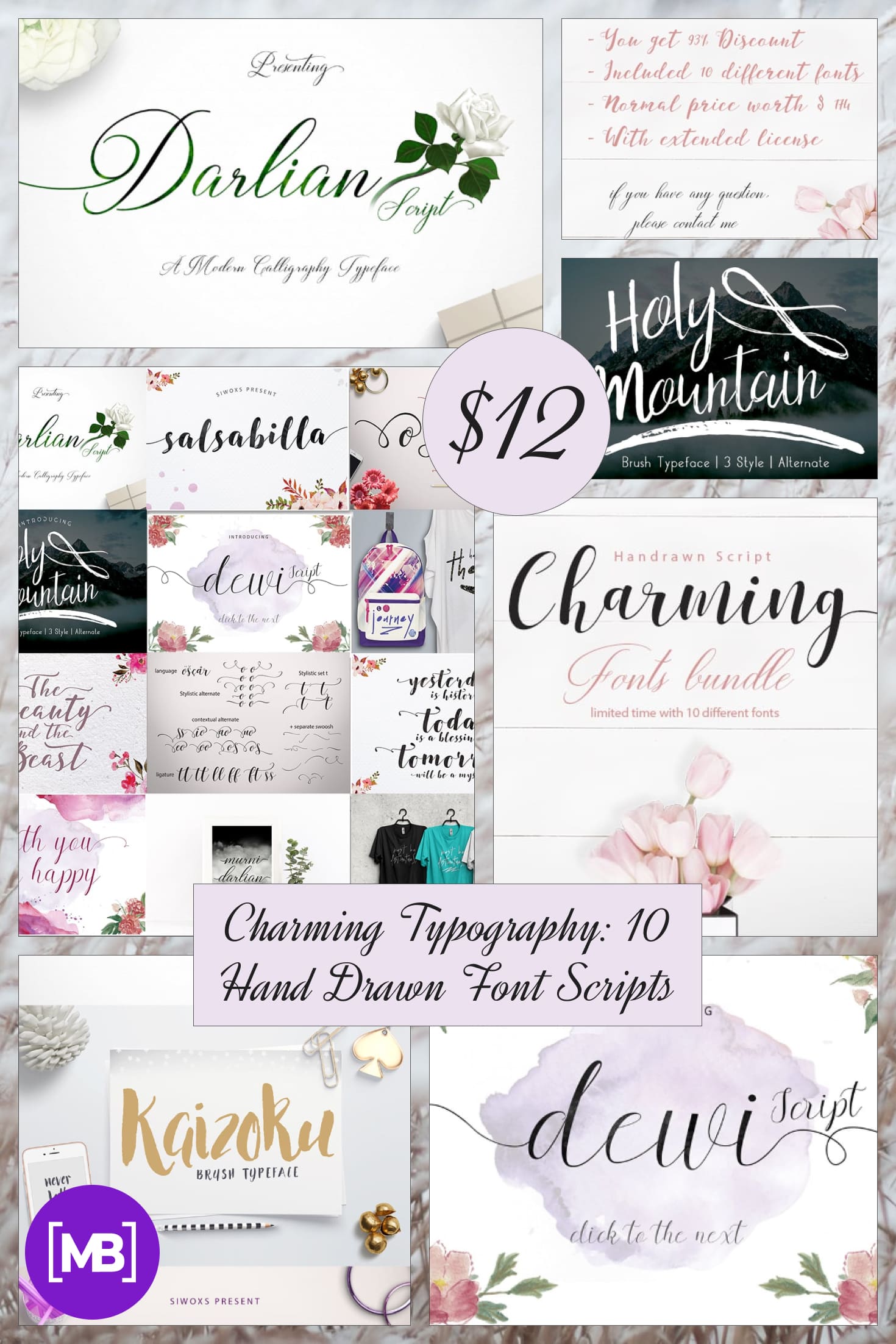 Charming Typography: 10 Hand Drawn Font Scripts - just $12. Collage Image.