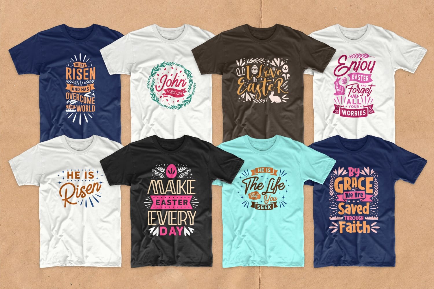 Bright and colorful T-shirts with different Easter elements.