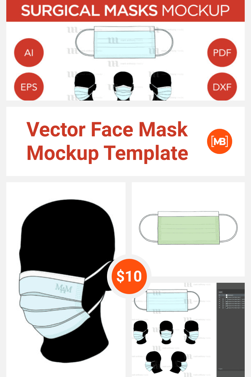 Vector Face Mask Mockup Template. Collage Image.