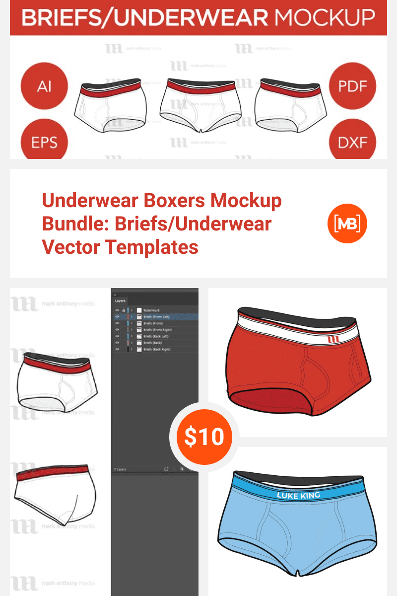 Underwear Boxers Mockup Bundle: Briefs/Underwear Vector Templates. Collage Image.