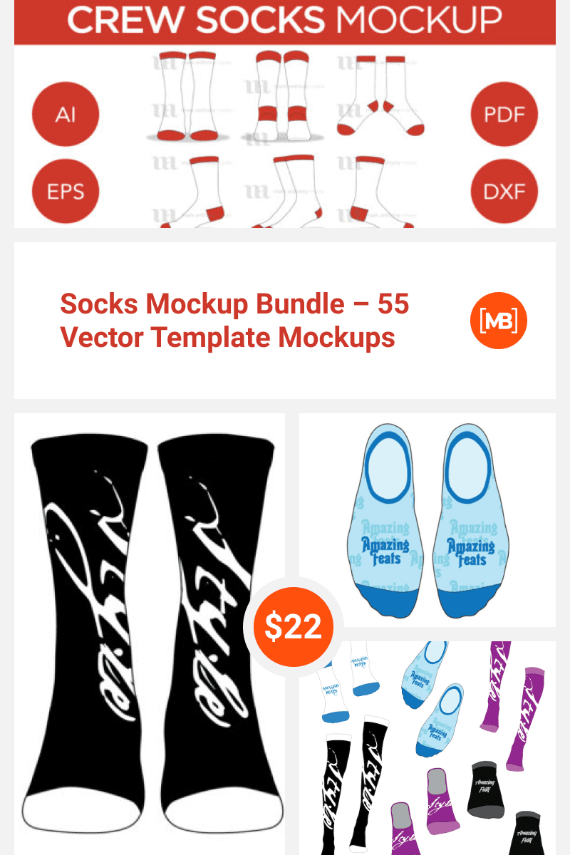 Socks Mockup Bundle - 55 Vector Template Mockups. Collage Image.