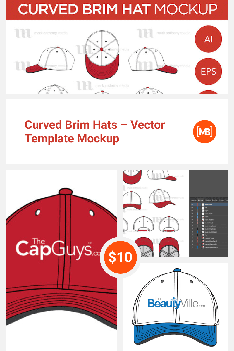 Curved Brim Hats - Vector Template Mockup. Collage Image.