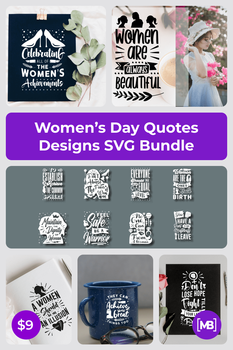 Women's Day Quotes Designs SVG Bundle. Collage Image for Pinterest.