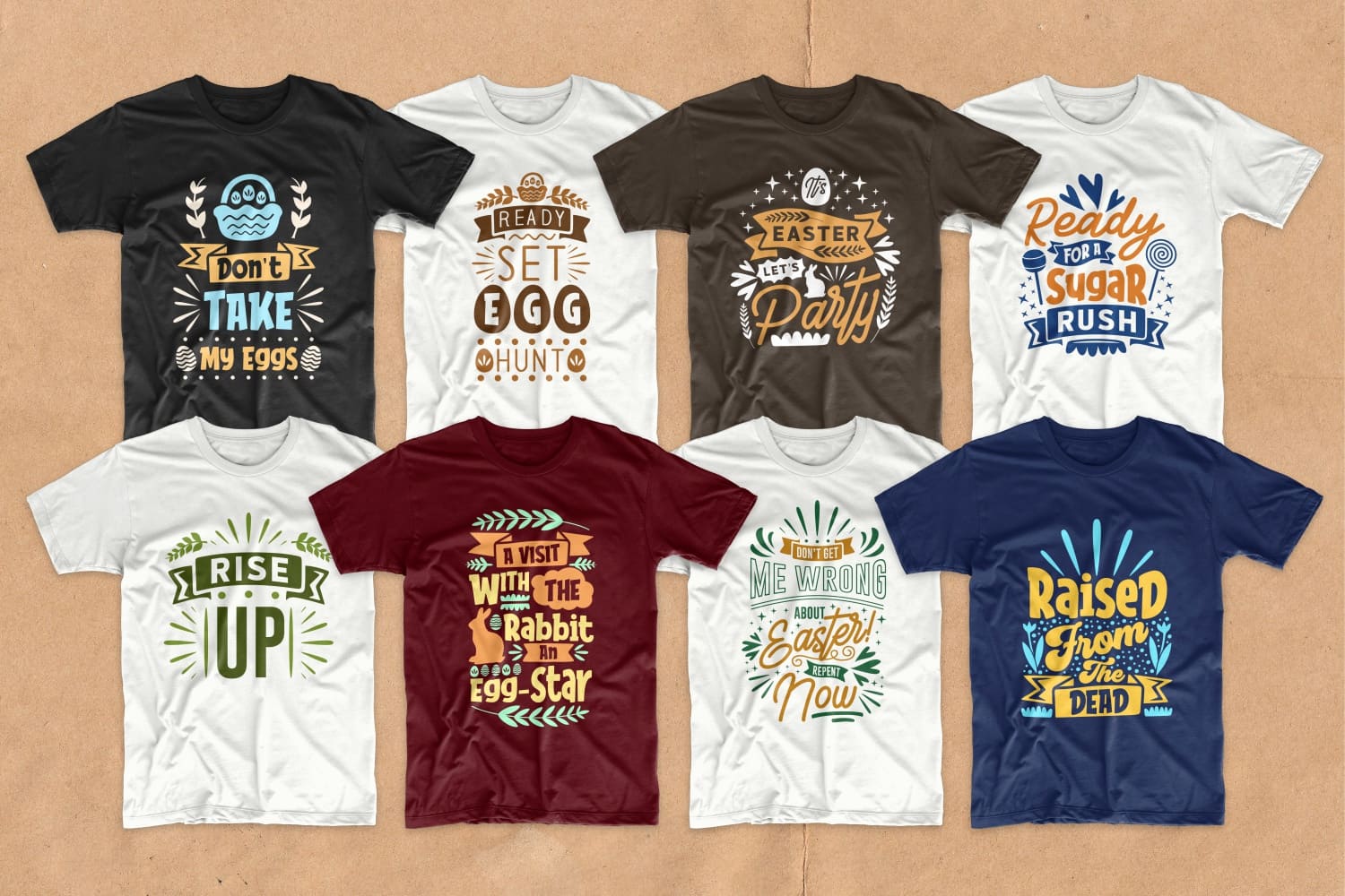 Simple round neck T-shirts with Easter-themed lettering.