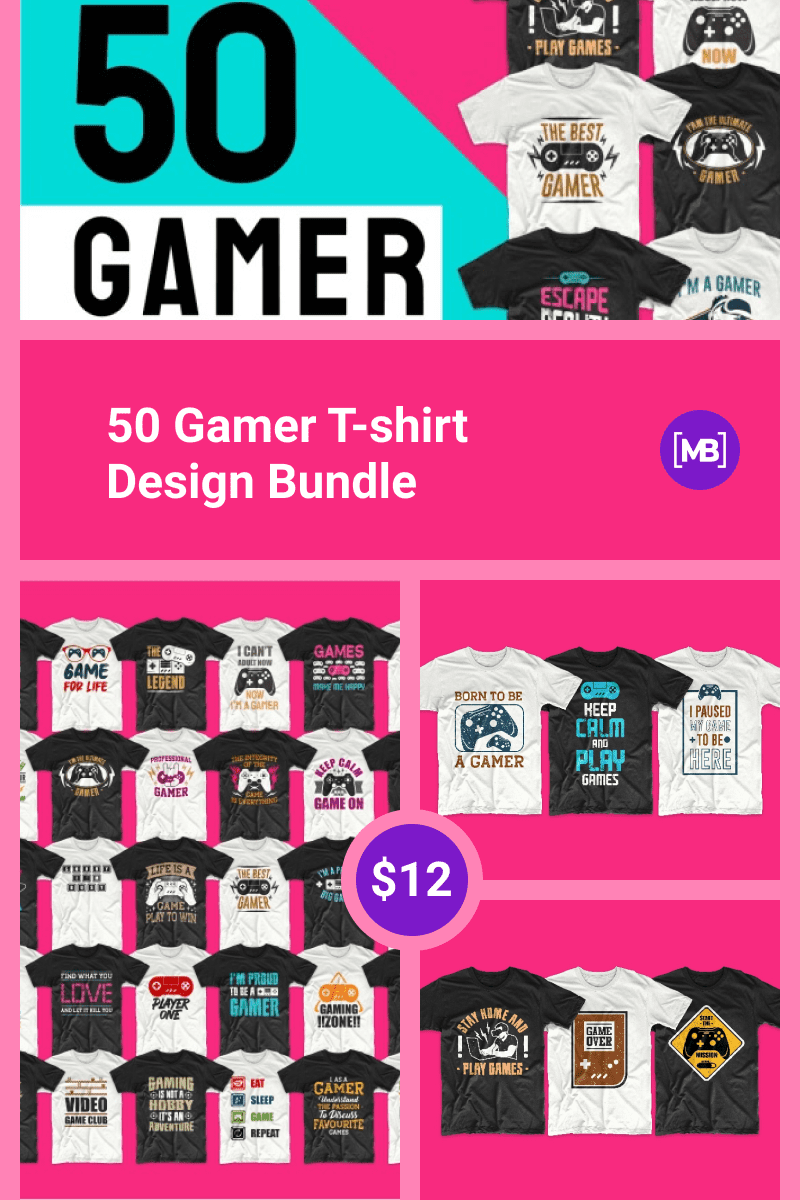 50 Gamer T-shirt Design Bundle. Collage Image for Pinterest.
