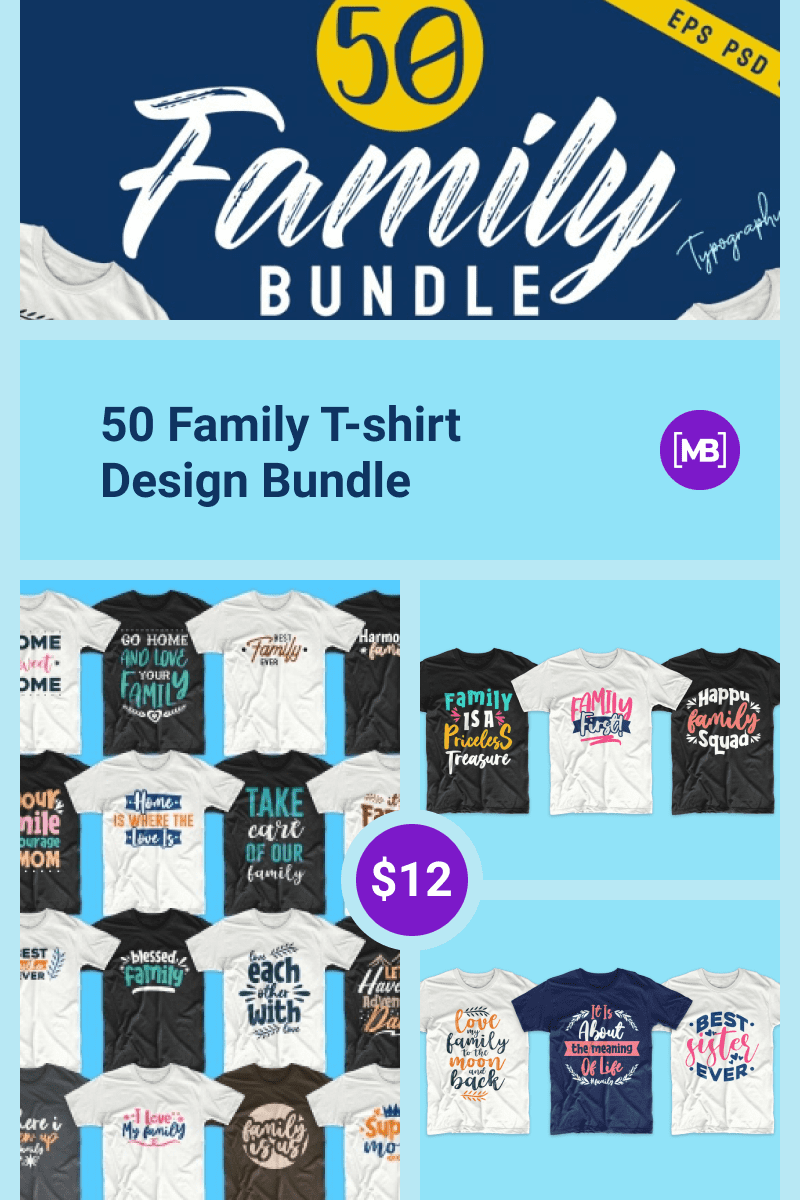 50 Family T-shirt Design Bundle. Collage Image for Pinterest.