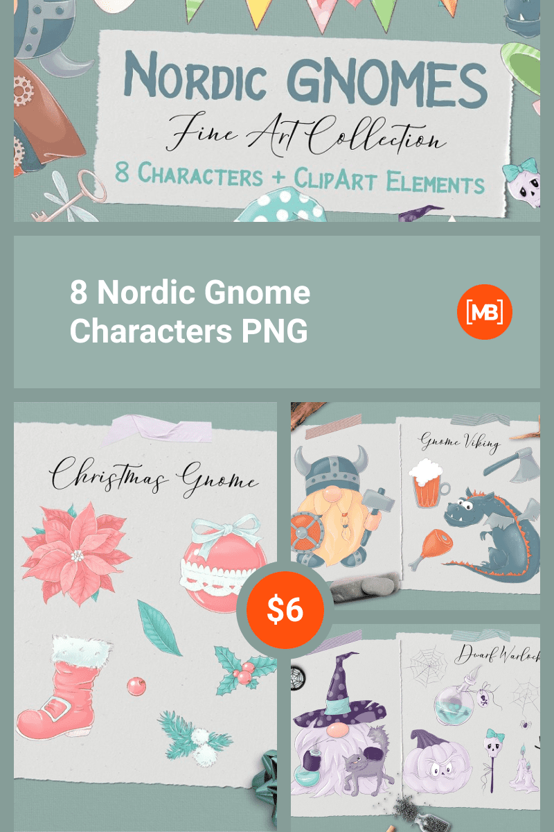 8 Nordic Gnome Characters PNG. Collage Image.