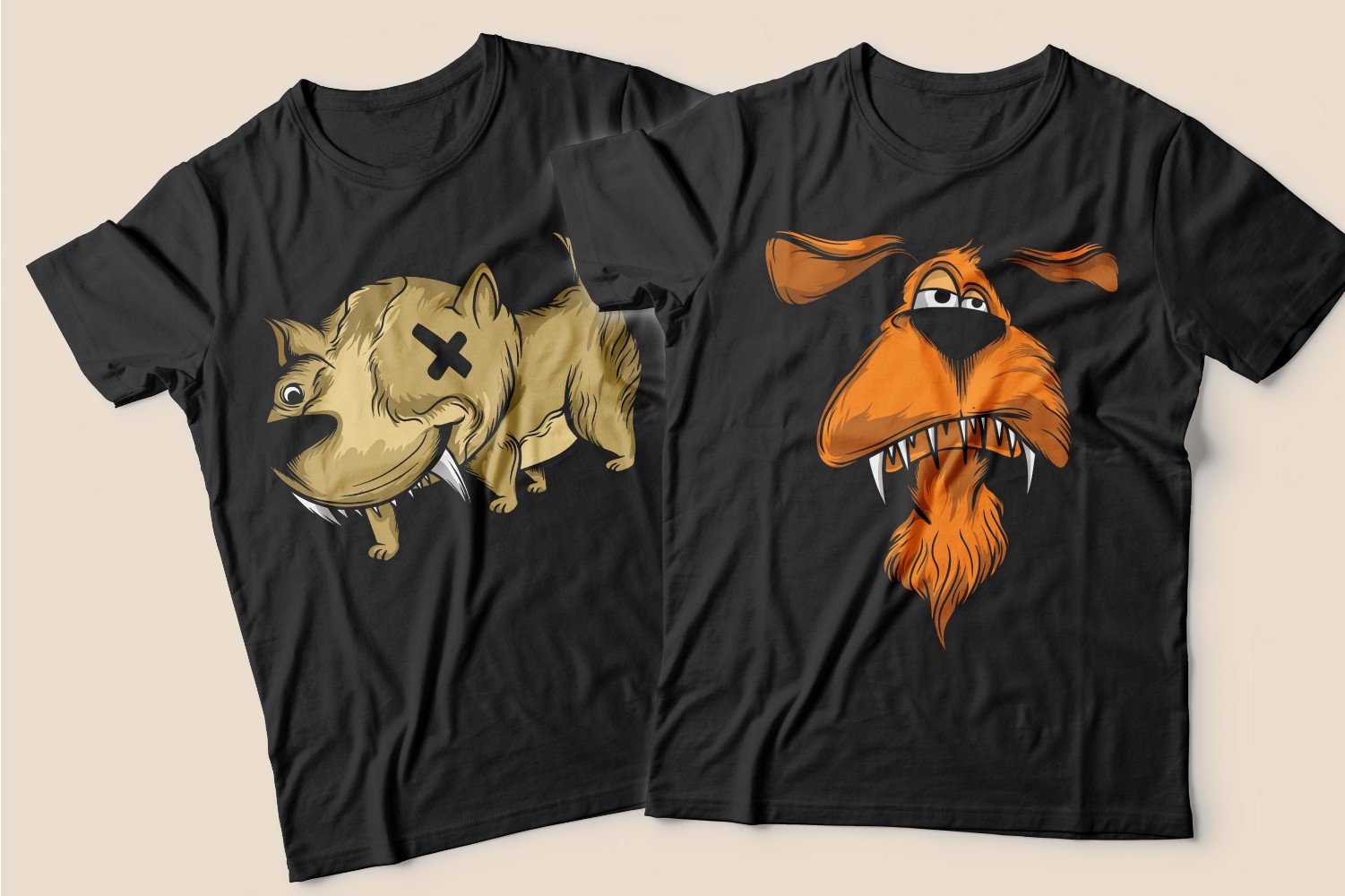 Two black T-shirts: one with a beaten dog, the other with a redhead and a sad one.