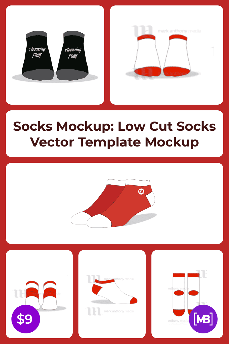 Socks Mockup: Low Cut Socks Vector Template Mockup. Collage Image.