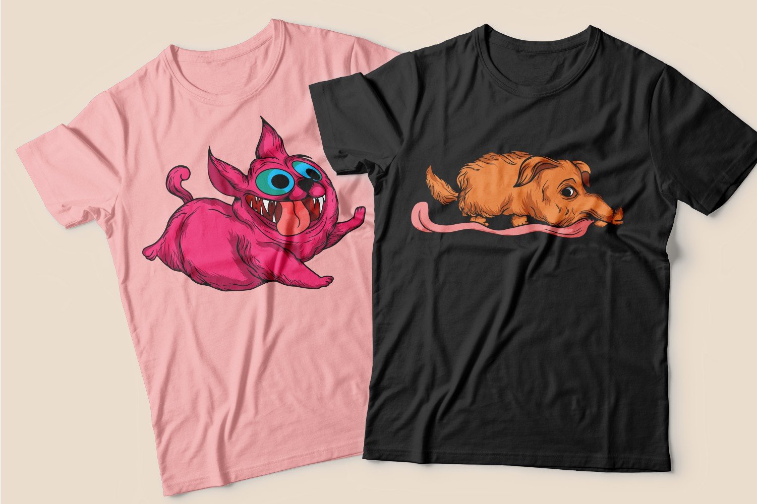 Two T-shirts: one pink raspberry dog ​​and the other black T-shirt with a tired ginger dog.