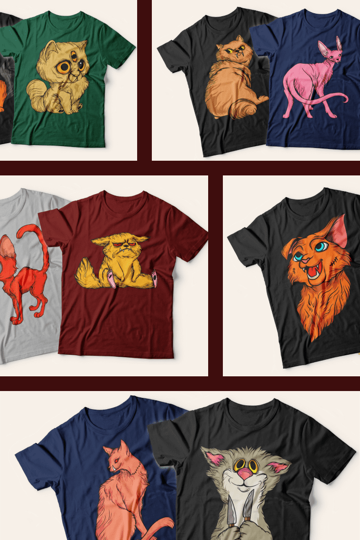 Cats T-shirt Designs Bundle. Collage Image for Pinterest.