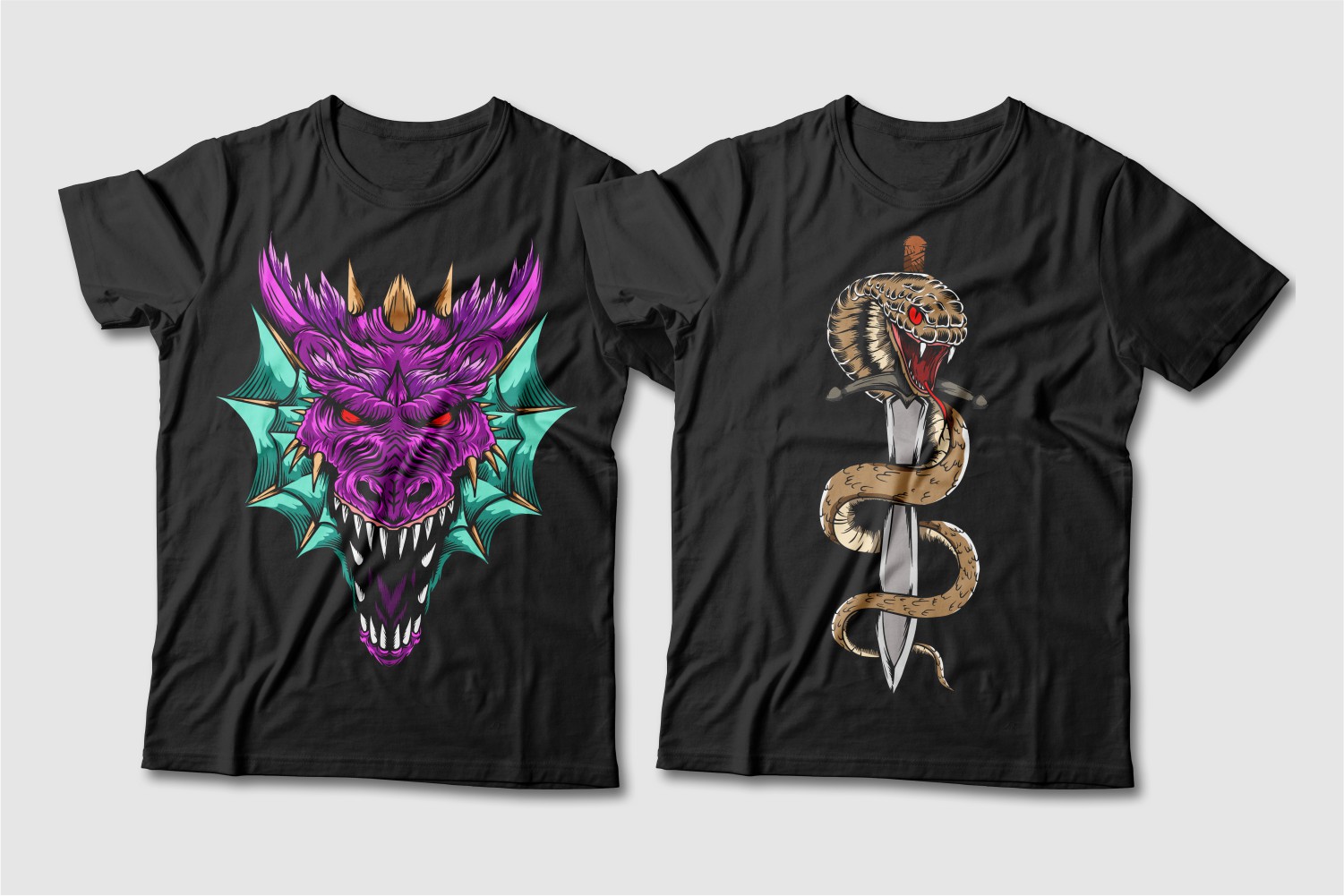 Black T-shirts with a crew neck and a purple dragon and a beige snake around the sword.