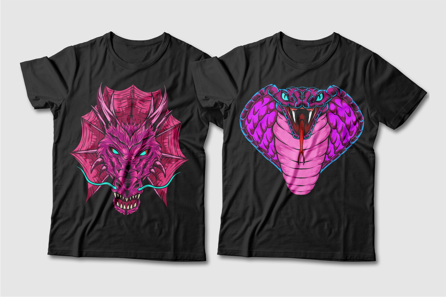 Black T-shirts featuring a dragon and a cobra in fuchsia color.