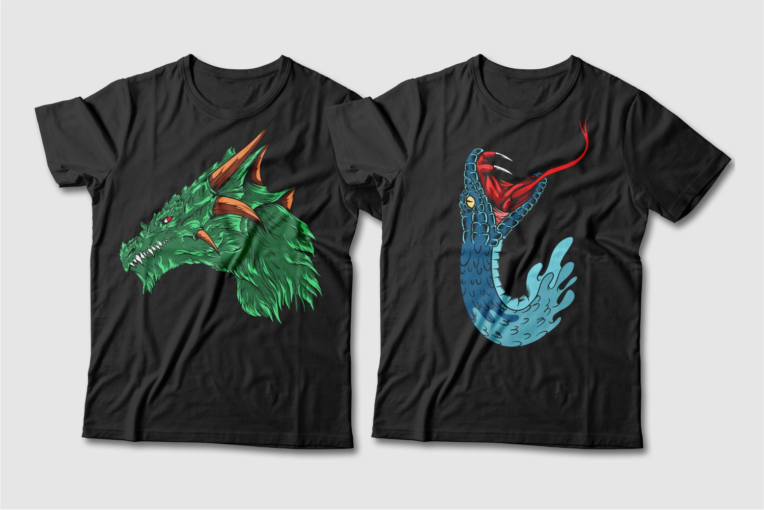 Black T-shirts featuring a green horned dragon and a blue snake with a tongue.