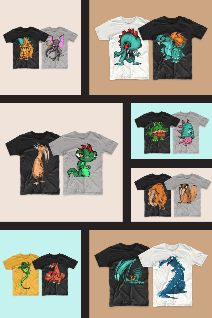 Cartoon T-shirt Designs: 50 Monster Animals Cartoon Bundle. Collage Image for Pinterest.