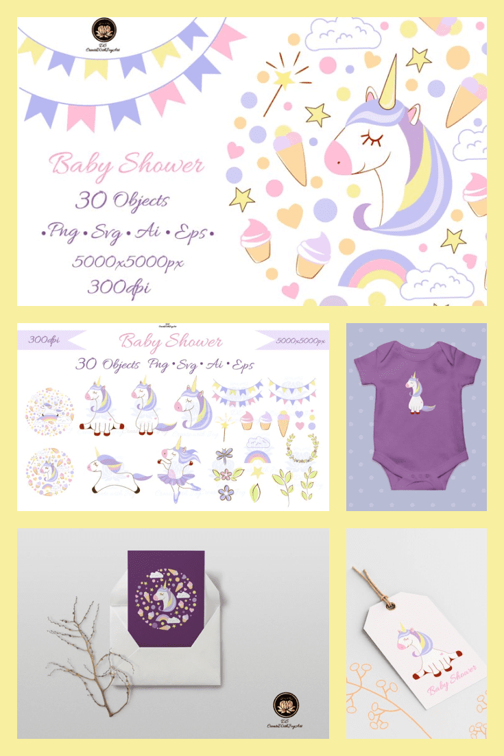 Baby Shower Clipart with Unicorns. Collage Image.