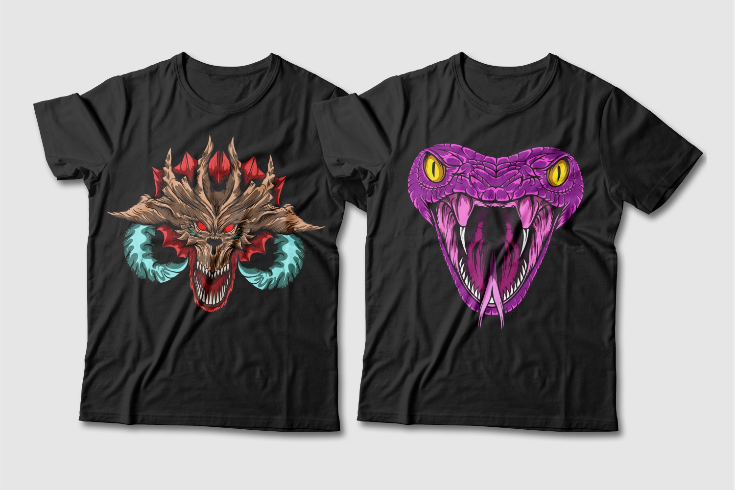 Black Crewneck T-shirts featuring a brown dragon with a turquoise tuft and eyes and a crimson cobra with yellow eyes.