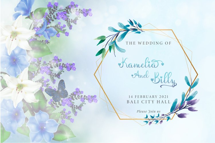 Wildflowers, sky blue background and regal font.