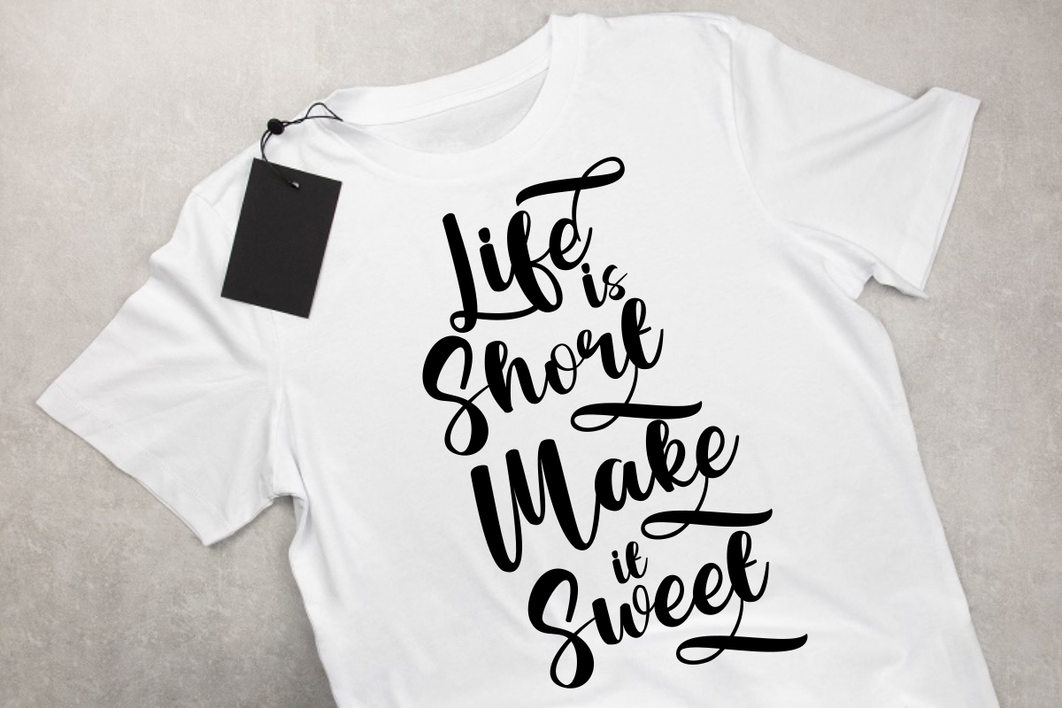 White T-shirt with black lettering.