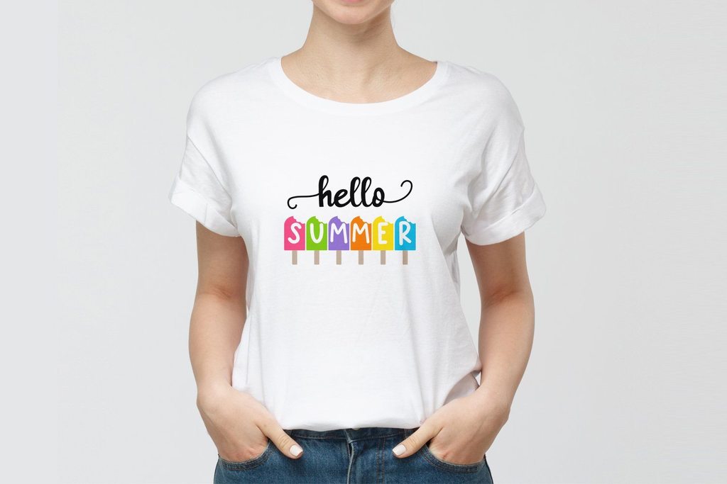 A white t-shirt with bright lettering about summer.