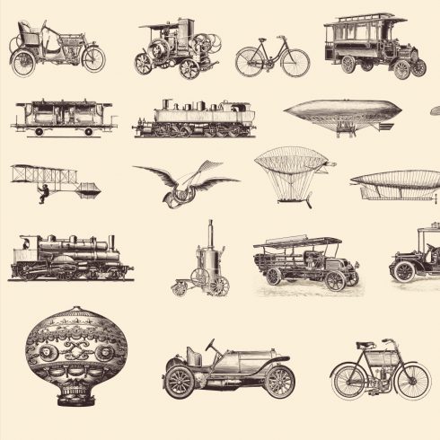 22 Engraving Illustrations: Transportation & Vintage Vehicles Vectors