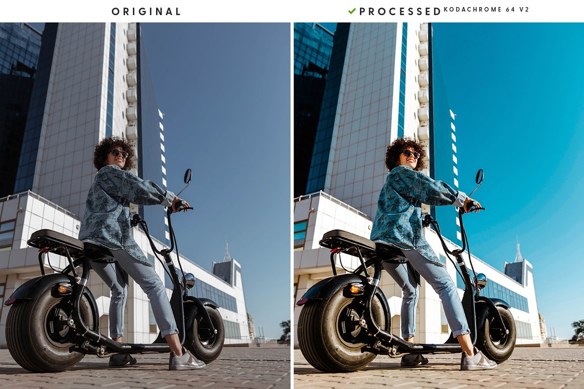 Young girl on a motorcycle in a big city.