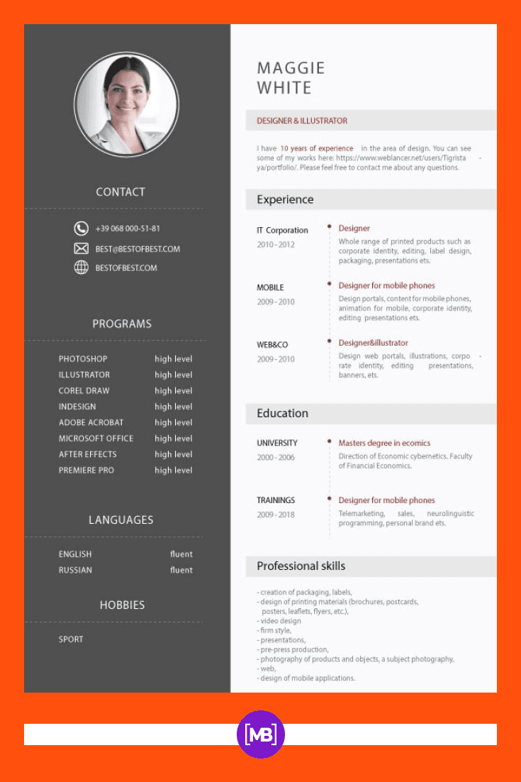 Professional resume template with an orange background.