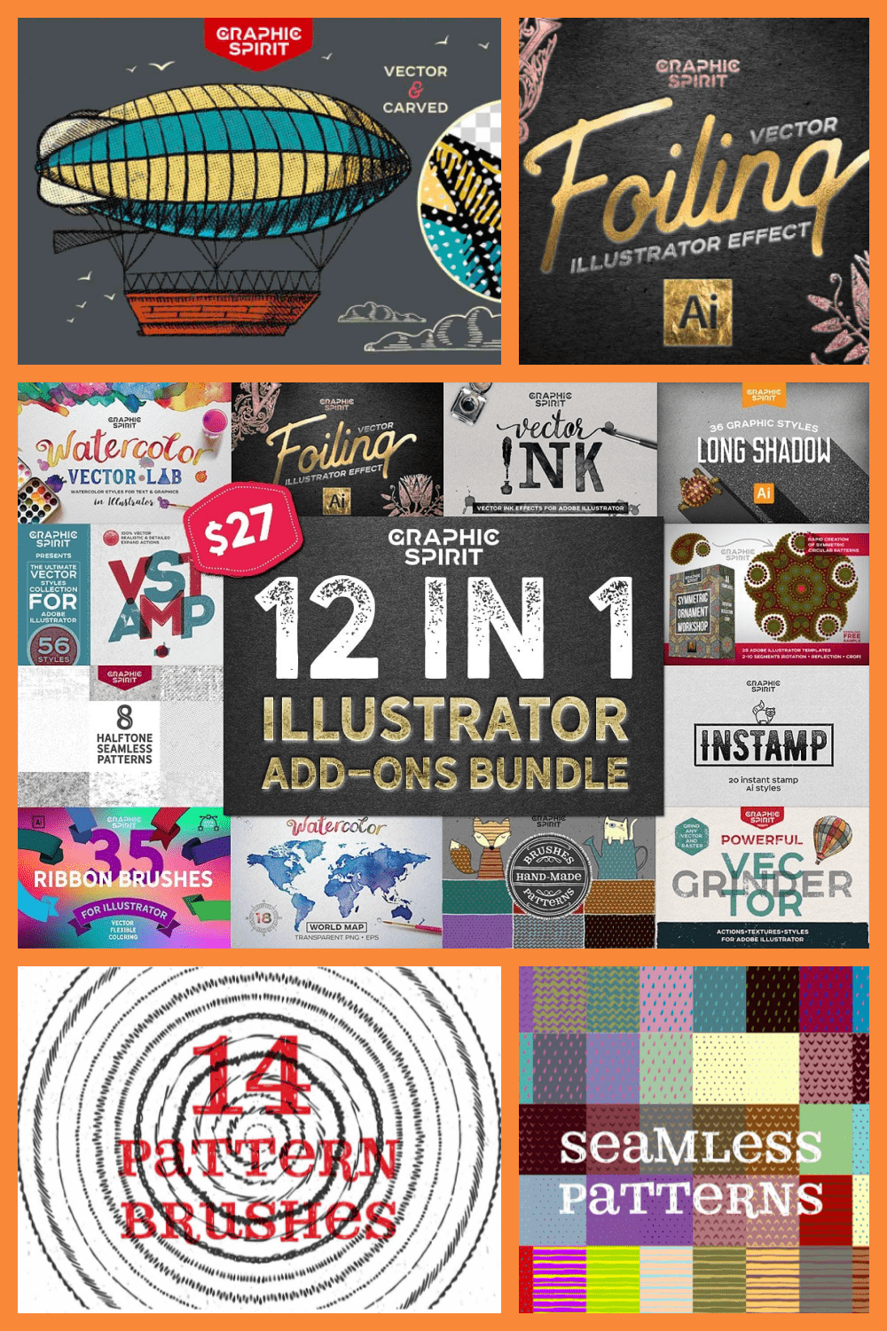 12 in 1 Adobe Illustrator Add-ons Bundle - just $27 - MasterBundles - Pinterest Collage Image.