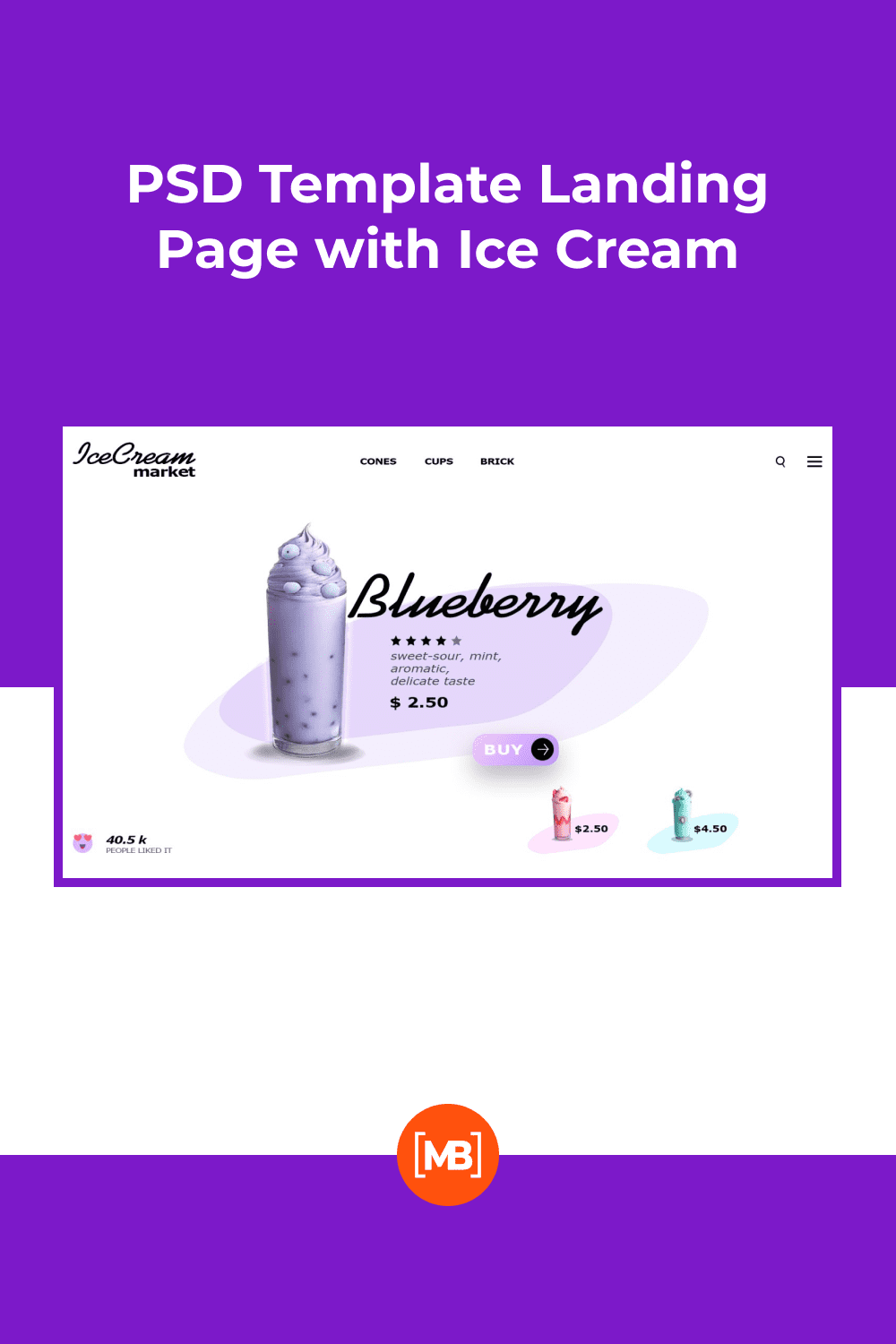 PSD Template Landing Page with Ice Cream - MasterBundles - Pinterest Collage Image.