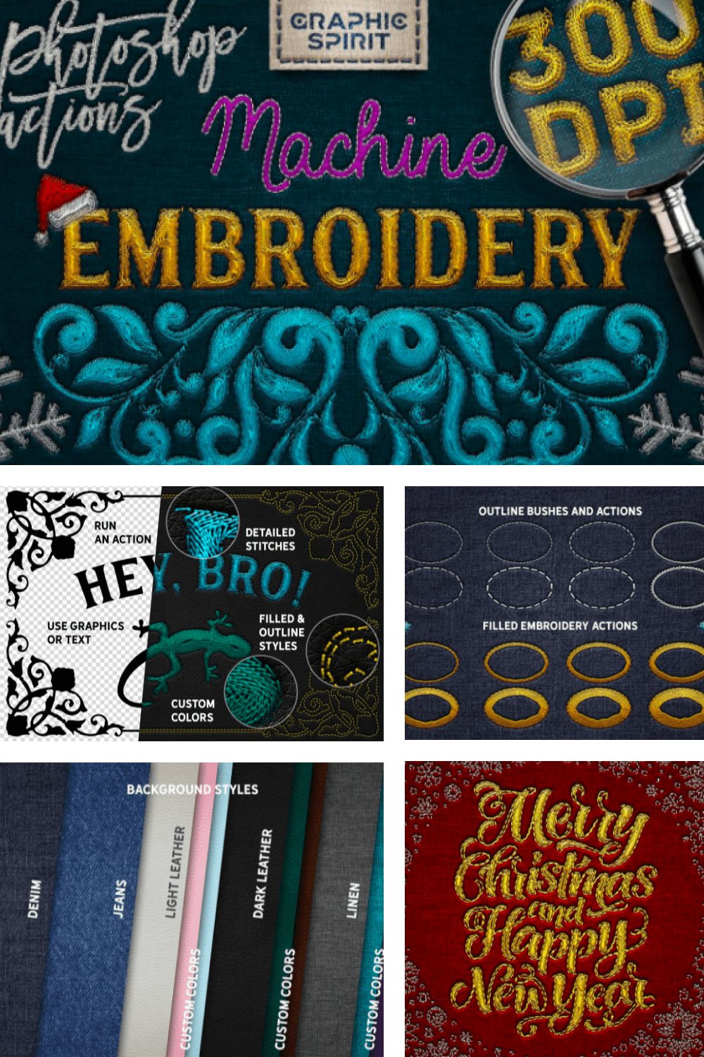 Machine Embroidery Photoshop Actions - $14 - MasterBundles - Pinterest Collage Image.