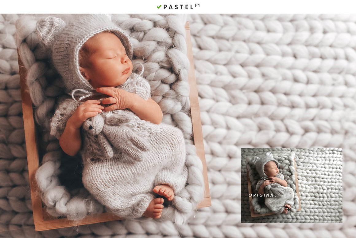 Newborn baby in a knitted beige plaid.