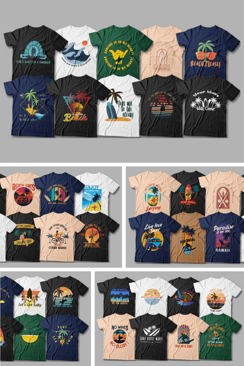 90 Surfing T-shirt Designs Bundle - MasterBundles - Pinterest Collage Image.