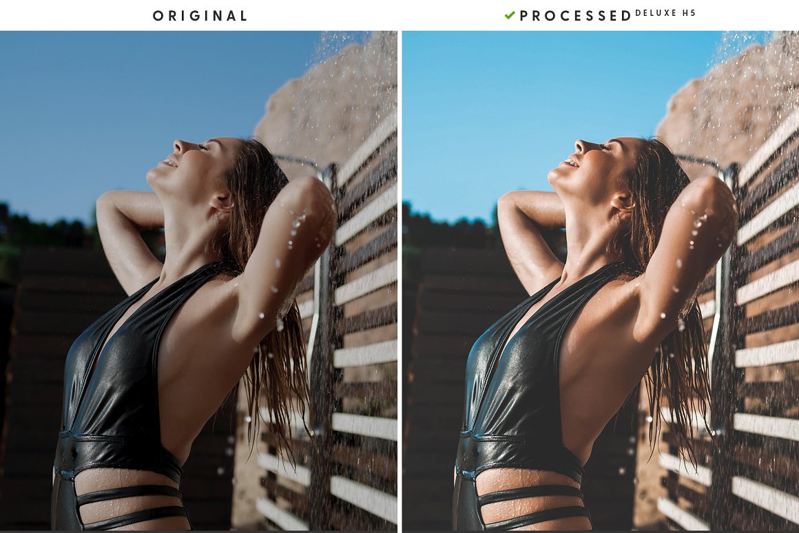 A girl in a swimsuit is cooling off under a summer shower on a hot day.